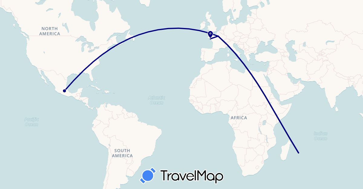 TravelMap itinerary: driving in France, Mexico, Réunion (Africa, Europe, North America)